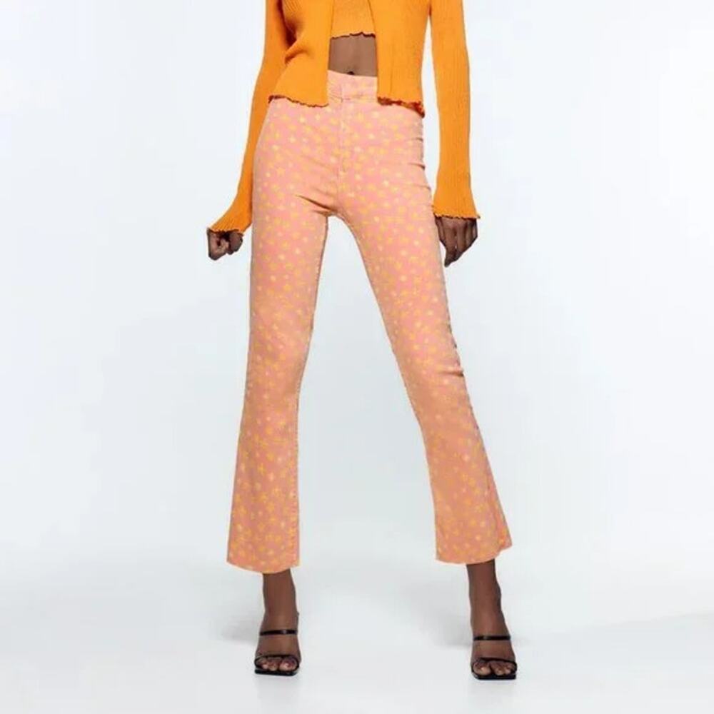 Zara Floral Printed High Rise Flared Crop Jean Sz 12 Flower Power Hippie 70s